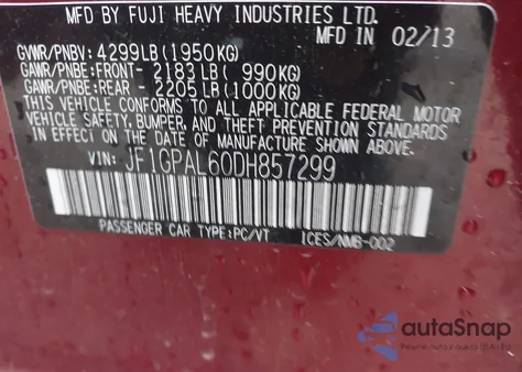 2013 Subaru Impreza 2.0I Sport Premium from USA, damaged, VIN JF1GPAL60DH857299